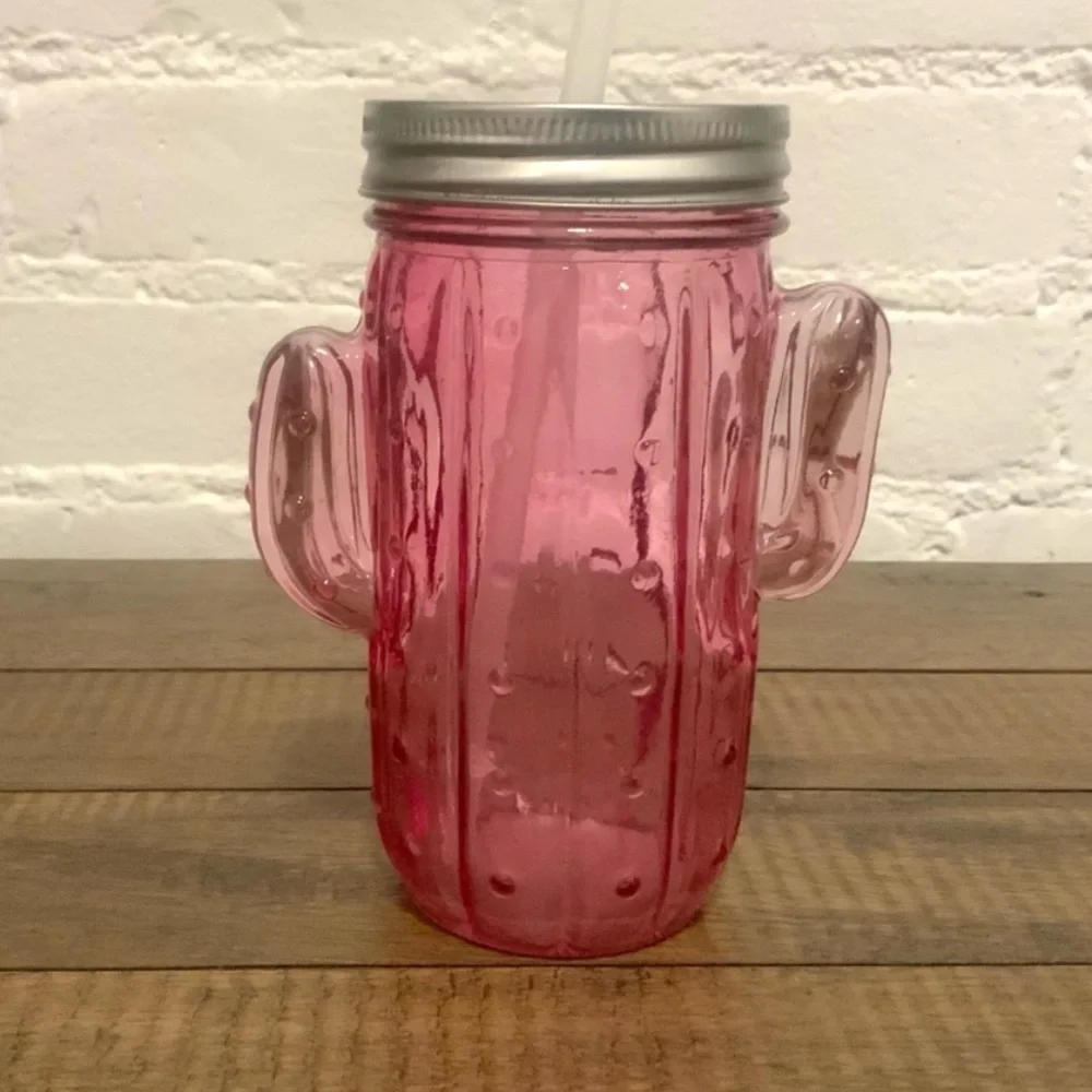 Pier 1 Imports Glass Tumbler Pink Cactus Shape Mason Jar Drinkware 16fl oz